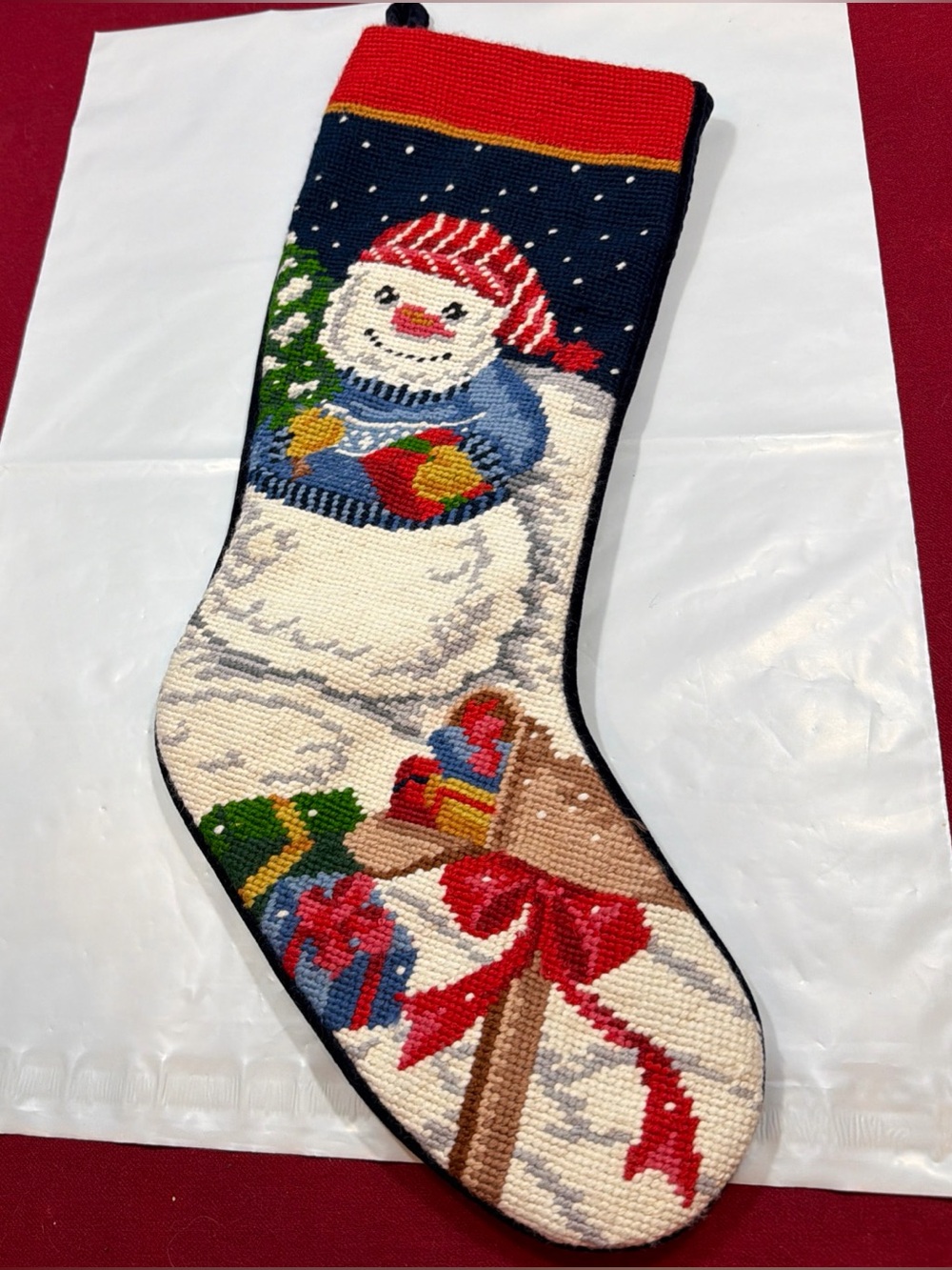 Vintage SNOWMAN Needlepoint gift Christmas Stocking BLUE VELVET back BLUE Lining